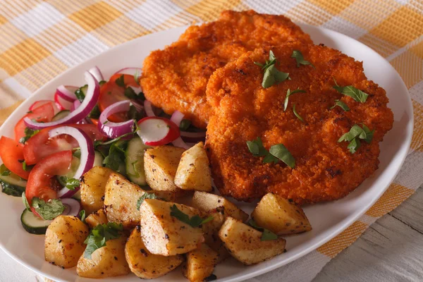 Serveren van schnitzel, gebakken aardappels en salade close-up. Horizont — Stockfoto