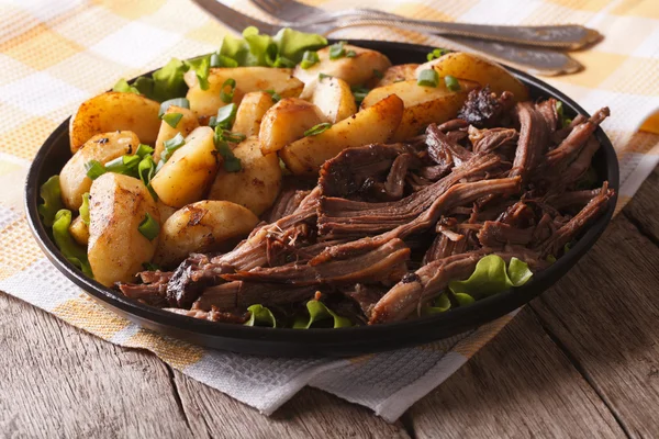 Comida rústica: Carne de cerdo tirada y patatas fritas de cerca — Foto de Stock