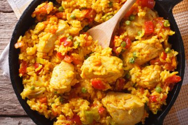 Hispanic cuisine Arroz con pollo closeup in a pan. horizontal top view