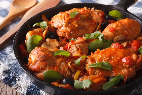 Homemade Cacciatori chicken with mushrooms in a pan horizontal — Stockfoto