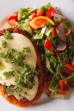 Tavuk ince ve sebze salatası makro. Dikey Üstten Görünüm