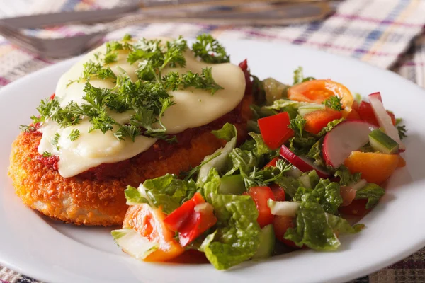 Pollo Parmesana y ensalada de verduras frescas de cerca —  Fotos de Stock