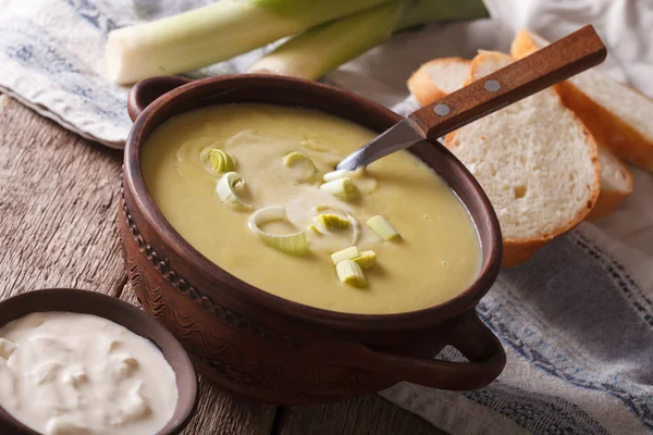 Домашній суп з цибулею-пореєм у мисці крупним планом на столі. Горизонтальні — стокове фото