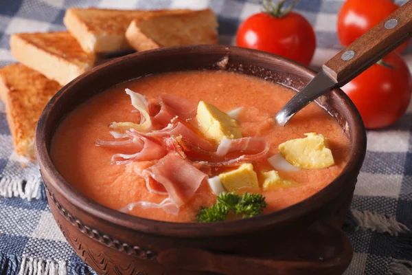 Spanische Suppe salmorejo mit Schinken und Eiern in Großaufnahme. horizontal — Stockfoto