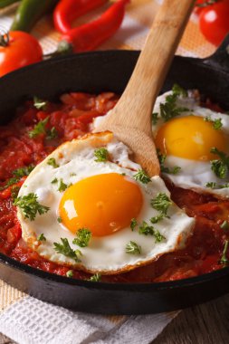 Meksika Kahvaltı: kızarmış yumurta tava makro üzerinde salsa ile. dikey