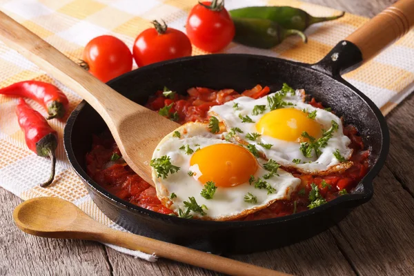 Traditionel mexicansk morgenmad stegt æg med salsa closeup. Hori - Stock-foto