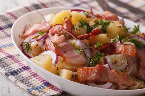 Leckerer Kartoffelsalat mit Speck und Kräutern aus nächster Nähe. horizontal — Stockfoto