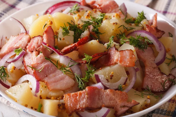 Potatissallad med bacon i en skål på nära håll. horisontella — Stockfoto