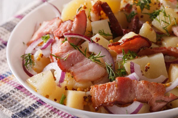 Potatissallad med bacon på en tallrik makro. horisontella — Stockfoto
