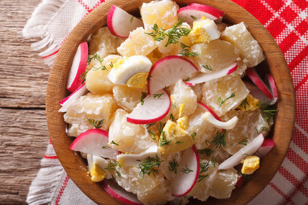 potato salad with radish close-up in a bowl. horizontal top view