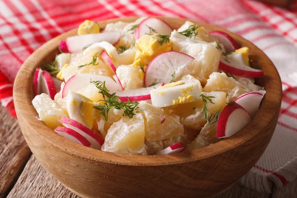 Kartoffelsalat mit Rettich und Mayonnaise in Nahaufnahme. horizontal — Stockfoto