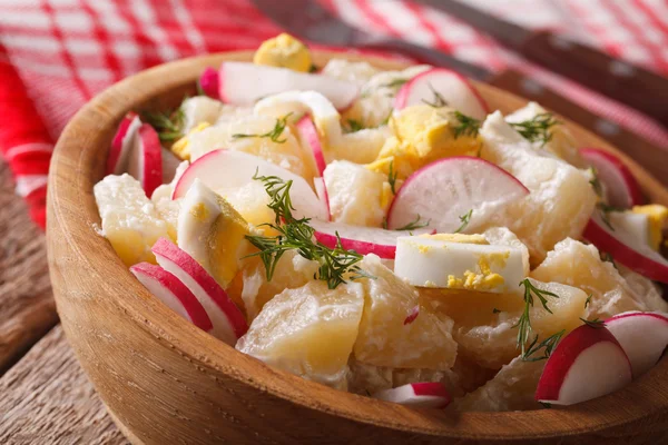 Ensalada de papa con rábano y huevos de cerca en un plato. horizonta —  Fotos de Stock