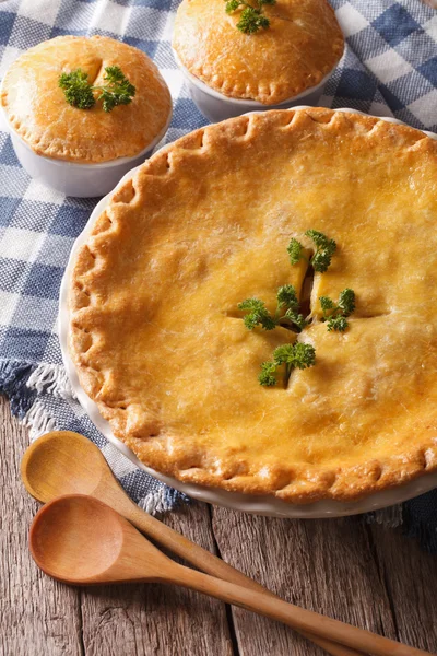 Tarte au poulet doré dans le plat de cuisson fermer. vertical — Photo