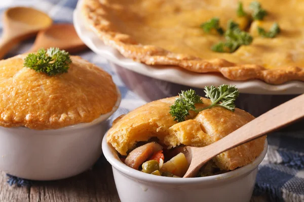 Chicken pie with vegetables in a pot macro. horizontal — Stock Photo, Image