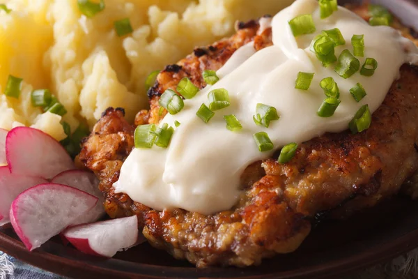 Land Fried Steak met aardappelpuree macro horizontale — Stockfoto