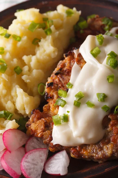 Filete frito y salsa blanca con puré de papas macro v — Foto de Stock