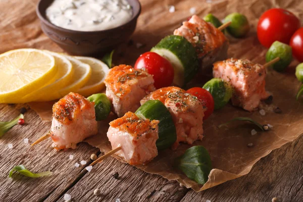 Kebab salmon, vegetables and tartar sauce close-up. horizontal — Stock Photo, Image