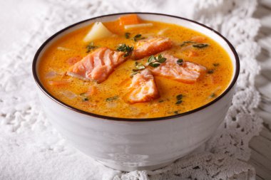 Zengin çorbası ile Somon, sebze ve kekik yakın çekim 