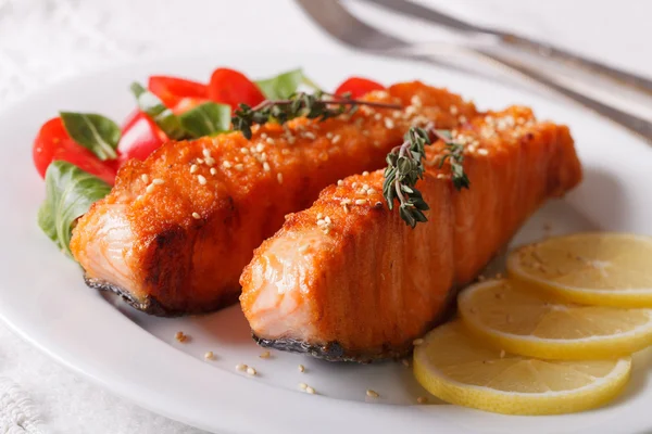 Filé de salmão grelhado com sésamo e limão close-up em um prato . — Fotografia de Stock