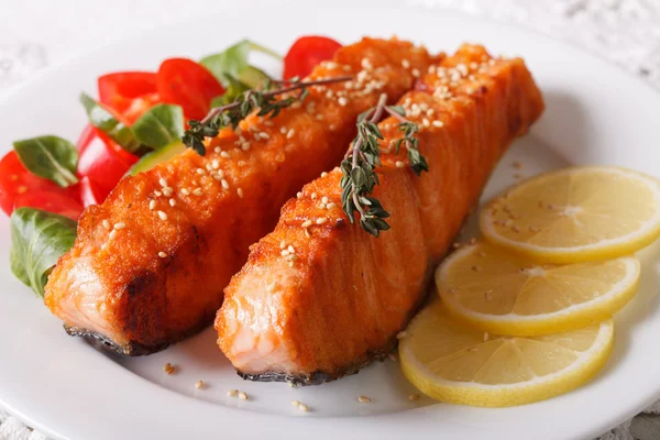 Grilled salmon fillet with fresh salad on the plate closeup. hor — Stock Photo, Image