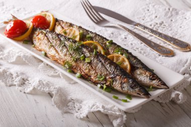 bir tabakta sebze ile saury ızgara. Yatay
