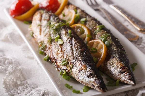 Fish saury grilled with lemon and chives on a plate close-up. Ho — Stock Photo, Image