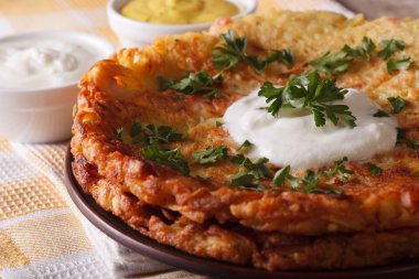 İsviçre Kahvaltı: patates kek ile sos makro bir plaka üzerinde. h