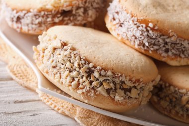 Arjantinli tatlı: çerezleri alfajores plaka makro üzerinde. ufuk
