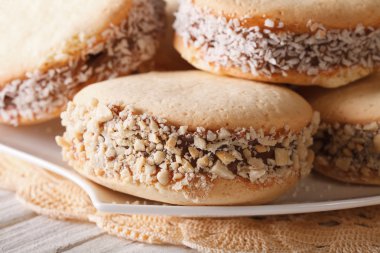 Arjantin tatlılar: çerezleri alfajores makro bir plaka üzerinde. Yatay