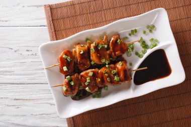 Yakitori tavuk bir plaka üzerinde yeşil soğan ile. Yatay üst VI