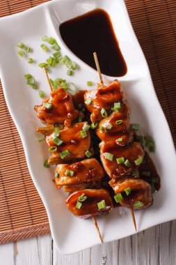 Yeşil soğan yakın bir plaka üzerinde çekim Yakitori tavuk. dikey