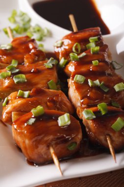 Japon Barbekü: bir tabak makro yakitori tavuk. Dikey