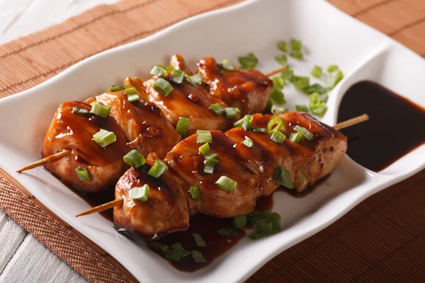 tavuk yakitori şişleri yakın bir plaka üzerinde çekim üzerinde. Yatay
