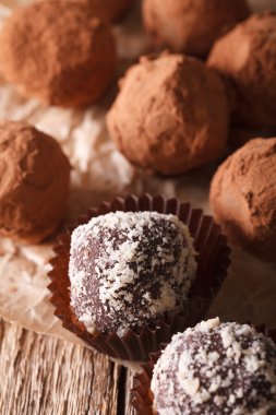 Çikolata truffles, kakao ve fındık makro bir tablo. Dikey