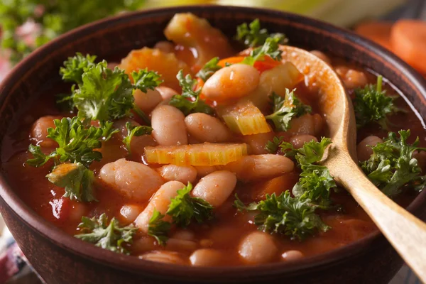 Sopa de frijoles con tomates y macro de apio. horizontal — Foto de Stock