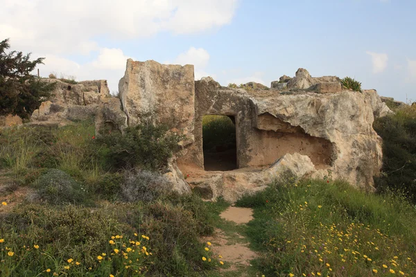 Porośnięte ruiny trawy do grobów królów Pafos. CYP — Zdjęcie stockowe