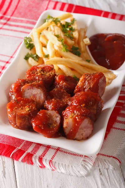 Currywurst och pommes frites närbild på en tallrik. vertikala — Stockfoto