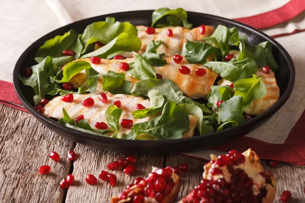 Fresh chicken salad with arugula and pomegranate close-up — Stock Photo, Image