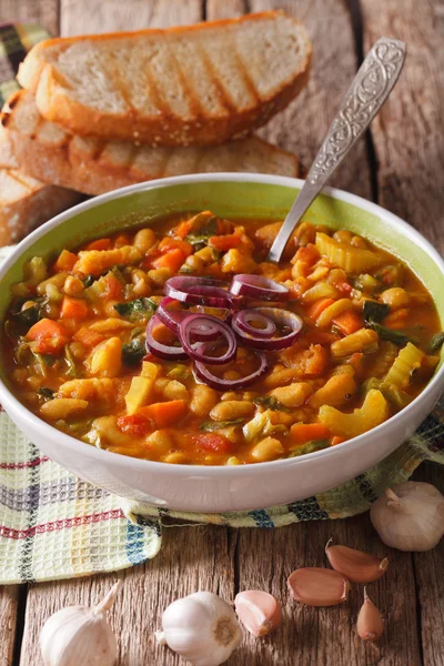 Tradicional sopa de verduras ribollita toscana de cerca en un tazón . —  Fotos de Stock
