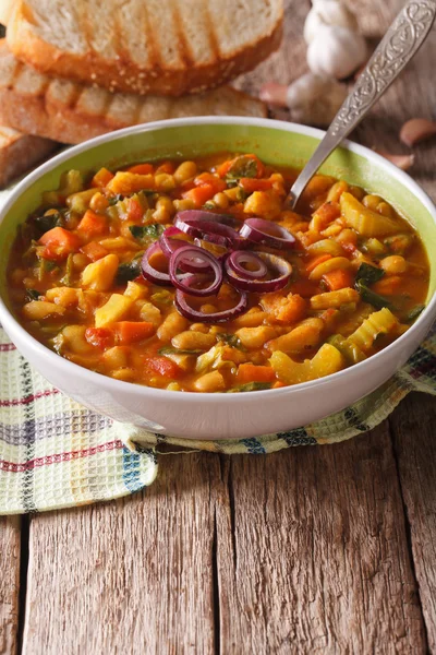 Tjocka toskanska soppa ribollita nära upp i en skål. vertikala — Stockfoto