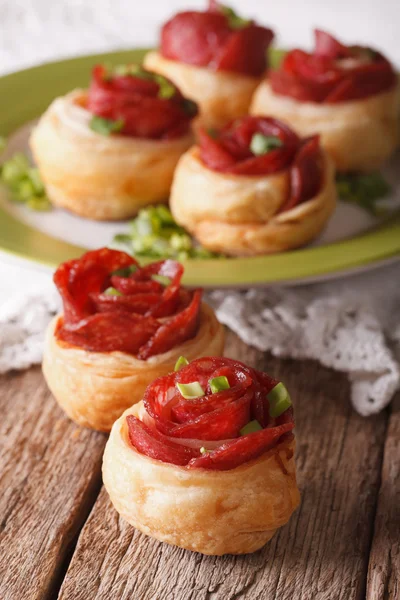 Mini pizza con salami y queso de cerca. vertical — Foto de Stock