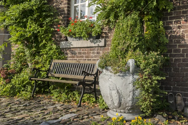 Alter Bauernhof mit grünen Pflanzen an der Wand — Stockfoto