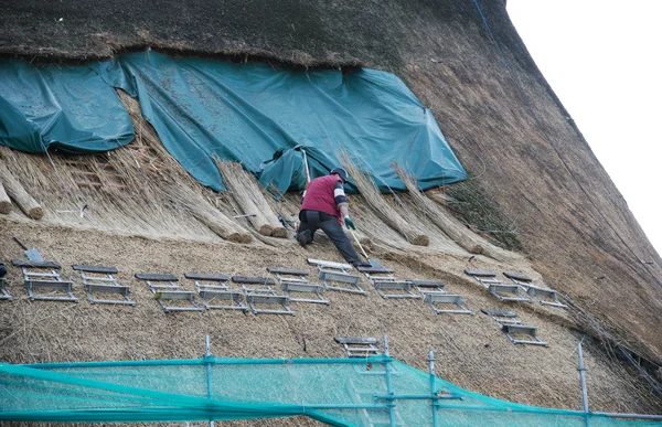 Thatcher werken op het dak — Stockfoto