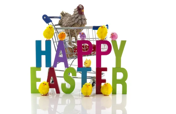 Shopping cart with easter eggs and chicken — Stock Photo, Image