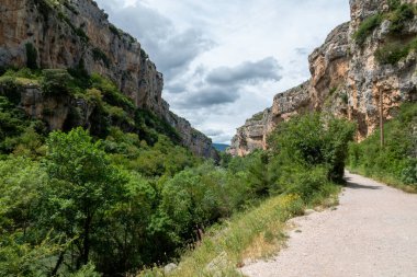 A gravel trail winds between towering rocky cliffs at foz du lumbier in spain,and lush vegetation in a scenic canyon. The path invites exploration, offering a peaceful outdoor scene perfect for travel
