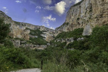 foz du lumbier, spain, A dramatic canyon carved by rocks and cliffs rises above lush greenery. A dirt trail threads through wild vegetation, inviting exploration and outdoor adventure amid expansive blue skies.