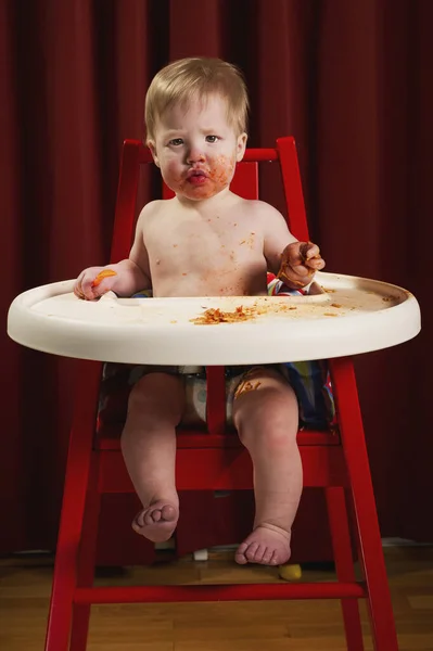 Baby Boy Sitting High Chair Eating Messy Meal Spaghetti Alberta — Stock Photo, Image