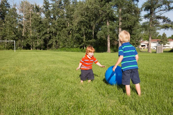 Zwei Jungen Spielen Mit Einem Großen Ball Auf Einem Rasenplatz — Stockfoto