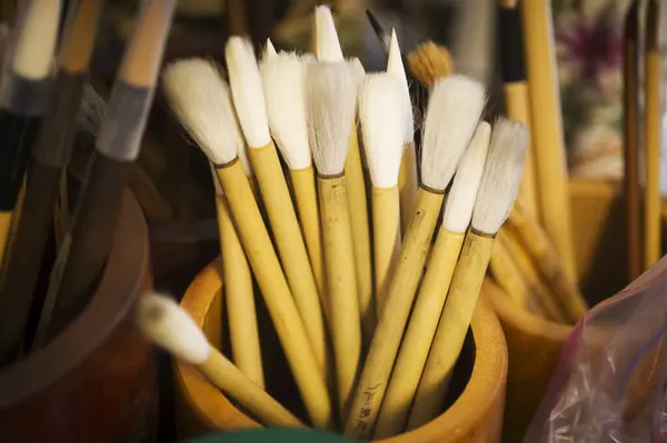 Natural Bristle Artist Brushes Wooden Container Chinese Calligraphy Gaithersburg Maryland — Stock Photo, Image