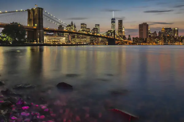 Нижний Манхэттен Сумерках Бруклинским Мостом Бруклинский Бридж Парк Бруклин Нью — стоковое фото